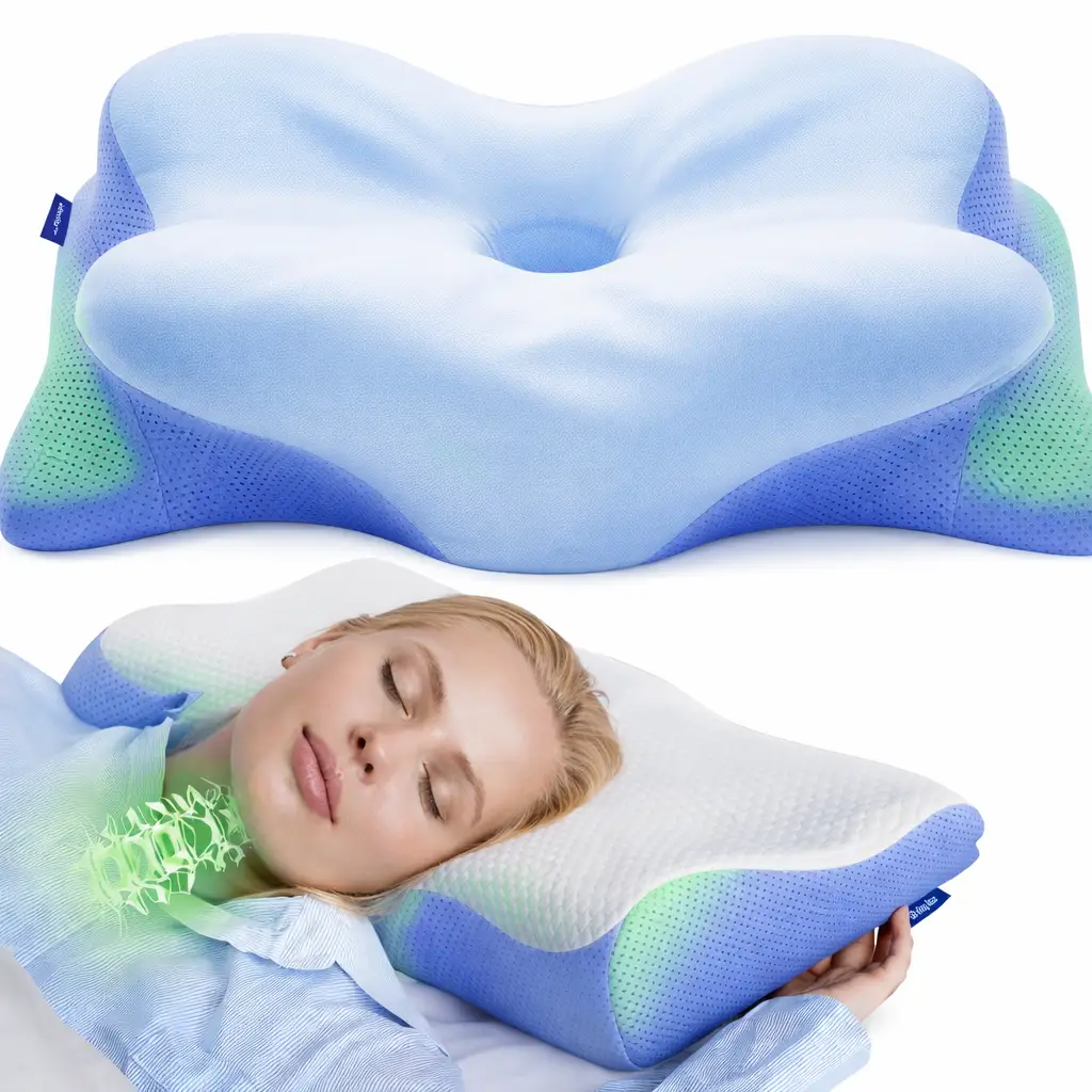 Diagram of what Derila Ergo Pillow is and how its butterfly contour supports the neck